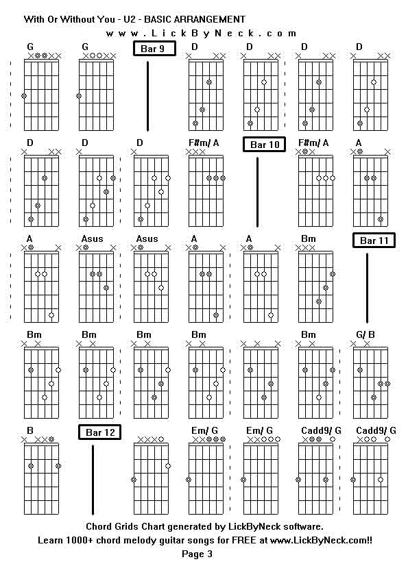 Chord Grids Chart of chord melody fingerstyle guitar song-With Or Without You - U2 - BASIC ARRANGEMENT,generated by LickByNeck software.